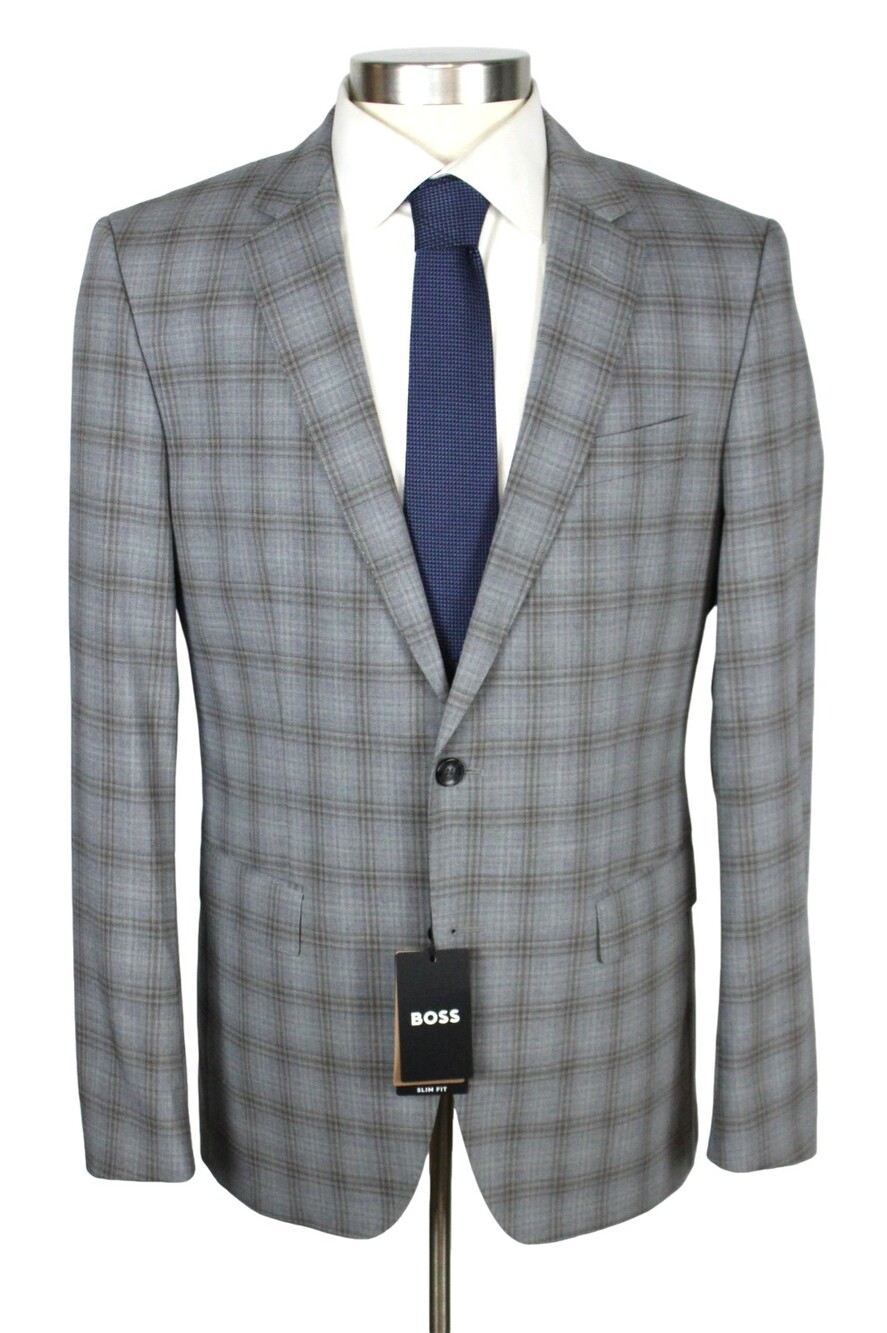Hugo Boss Huge Suit 42 L Mens Slim Fit Grey Brown Plaid Wool Stretch 2 Piece
